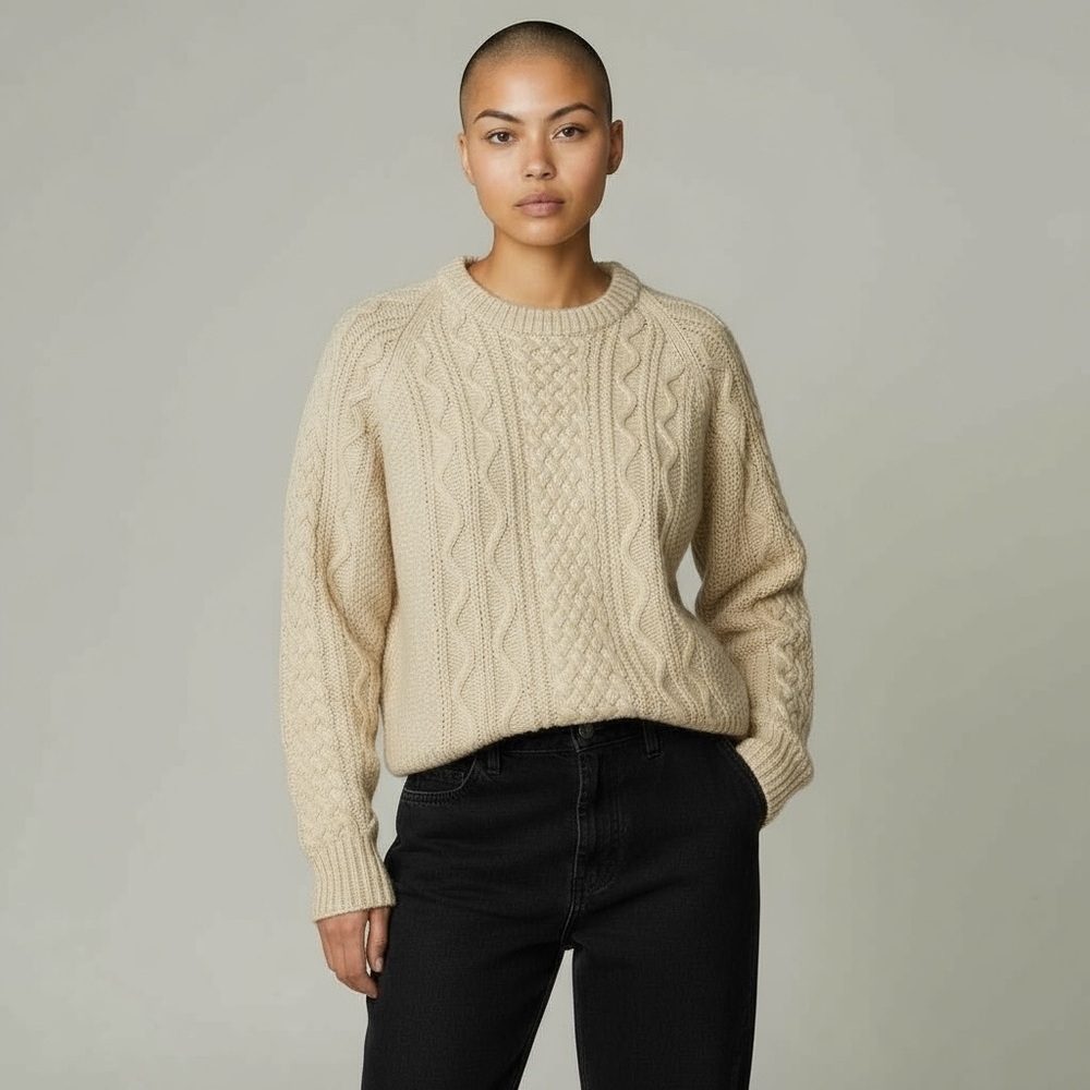 Vintage Wool Fisherman Cable Knit Beige Sweater